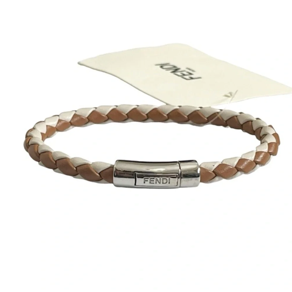 Fendi NWT Braided‎ Leather Bracelet Large Saddle Camelia Palladium Clasp